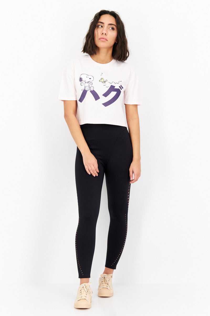 Peanuts تي شيرت نسائي مطبوع بأكمام قصيرة ورقبة دائرية، وردي - Image 4