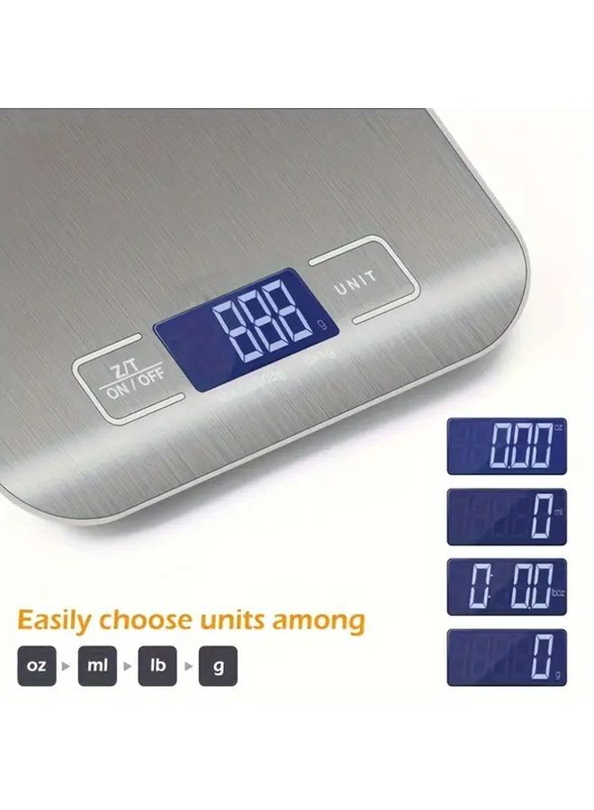 1 قطعة ميزان مطبخ رقمي كهربائي ثقيل مع شاشة LCD فضي، سعة 22.05 رطل، دقة 1 جرام، سطح من الفولاذ المقاوم للصدأ، يعمل بالبطارية، للاستخدام المنزلي والمكتبي والتجاري، لتحضير وجبات فقدان الوزن والخبز والطهي. - Image 4