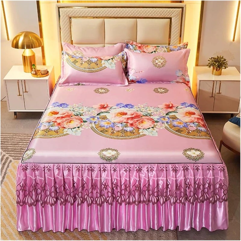 Ruffle Bed Skirt 3pcs Retro Ice Silk Bed Skirt Set Double Layer Lace Cover Smooth Bedding Adult Bedroom Decor(Color-07,200X220cmx38cm 3pcs) - Image 1