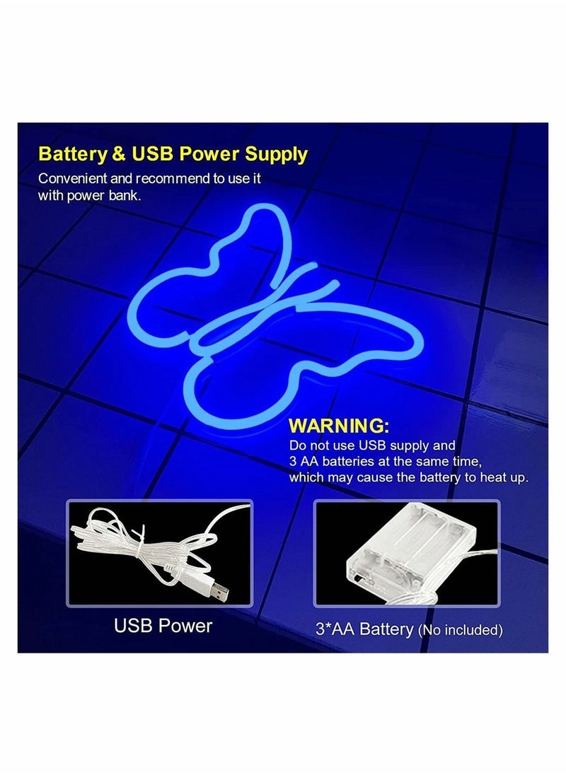 Y&D - Butterfly Neon Signs Lights for Bedroom Wall Decor, USB Night Light Decoration, Aesthetic Room Decor Girls, Kids, Living Room, Dorm, Men Cave, Birthday Party (Blue Light) - Image 1