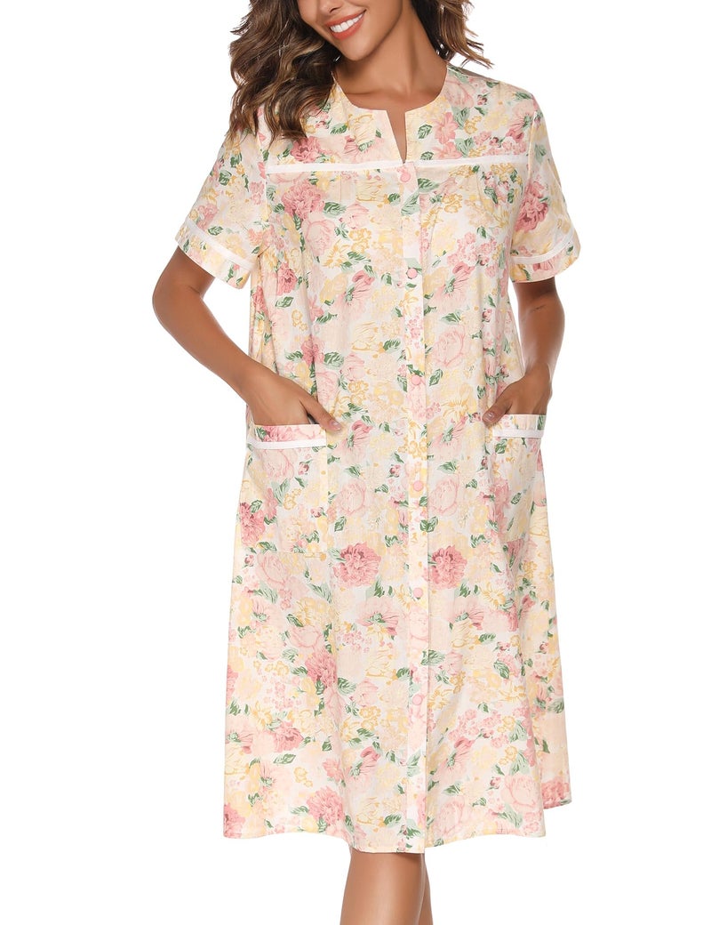 YOZLY House Dress Womens Cotton Housecoat Short Sleeve Duster Robe with Pockets Flower Pink, Medium - Image 2