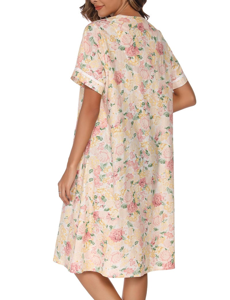 YOZLY House Dress Womens Cotton Housecoat Short Sleeve Duster Robe with Pockets Flower Pink, Medium - Image 5