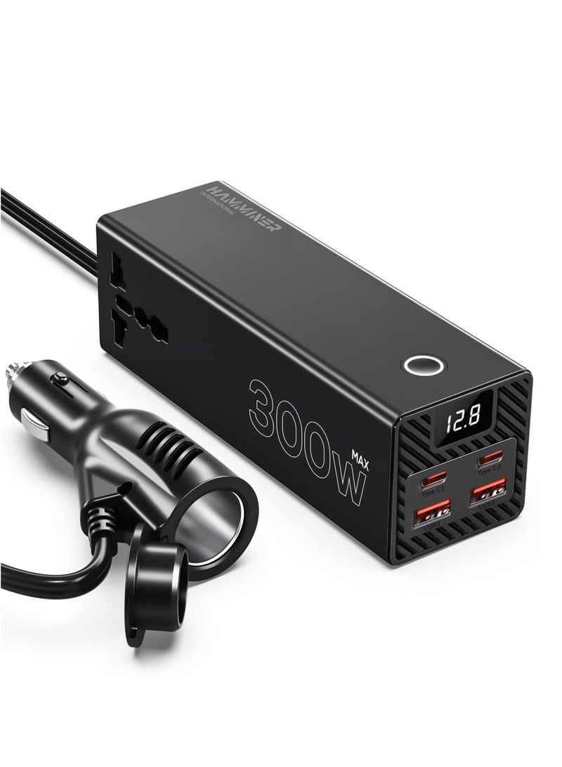 HAMMINER 300W Car Power Inverter Car Mobile Charger Power Inverter 2 USB (24W Max), 2 C Type (36W Max) & 2 AC Universal Socket (300W Max) DC 12V To 220V AC Car Charger Converter, Mobile Adapter Multiple Device Use Car Power Inverter With LED Display Car Fast Charger Perfect For Cars, SUVs & Trucks  - Image 1