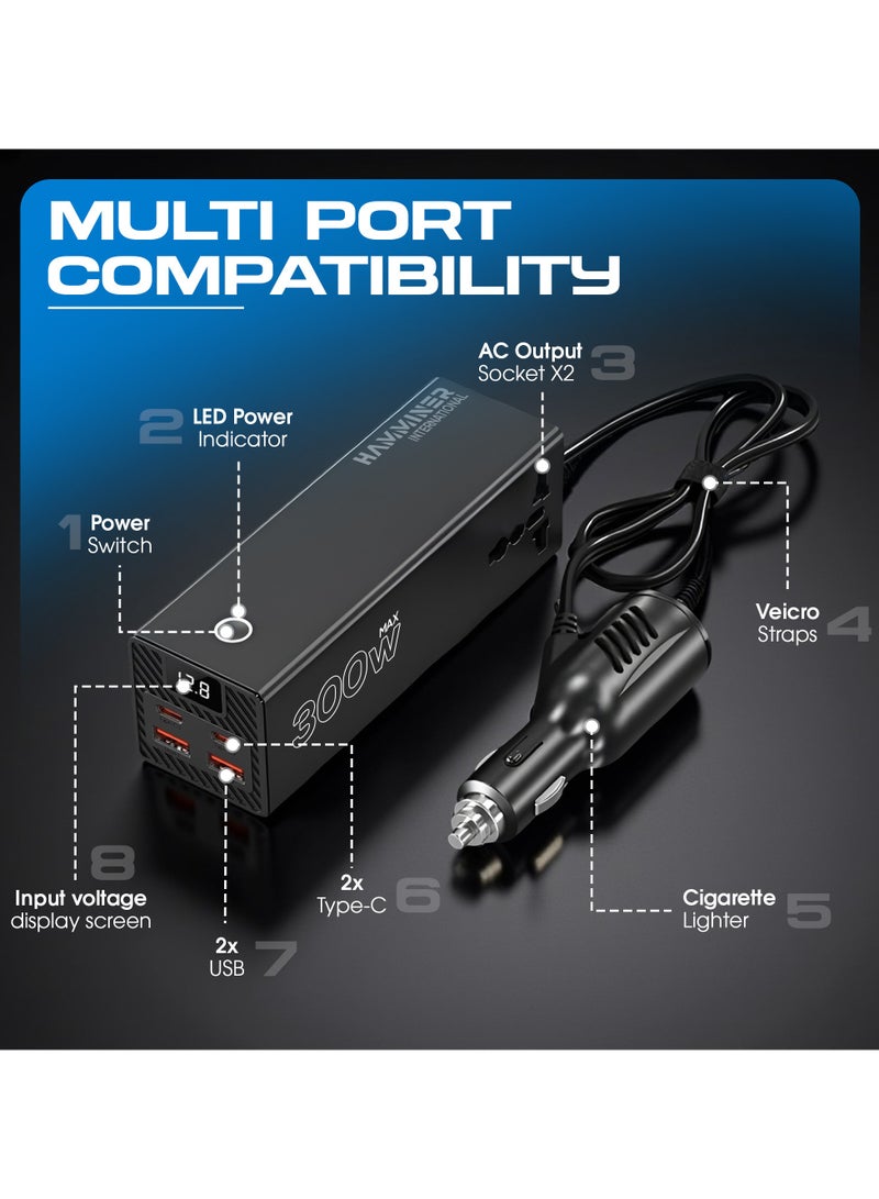 HAMMINER 300W Car Power Inverter Car Mobile Charger Power Inverter 2 USB (24W Max), 2 C Type (36W Max) & 2 AC Universal Socket (300W Max) DC 12V To 220V AC Car Charger Converter, Mobile Adapter Multiple Device Use Car Power Inverter With LED Display Car Fast Charger Perfect For Cars, SUVs & Trucks  - Image 4