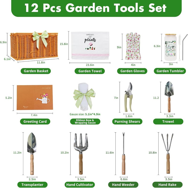 JIABOLANG Gardening Gifts for Women 12 Pcs Garden Tools Set with Basket Heavy Duty Gardening Hand Tool with Wood Handle Gardener Lady Plant Lover Gifts Wife Mom Grandma Mothers Day Birthday - Image 3