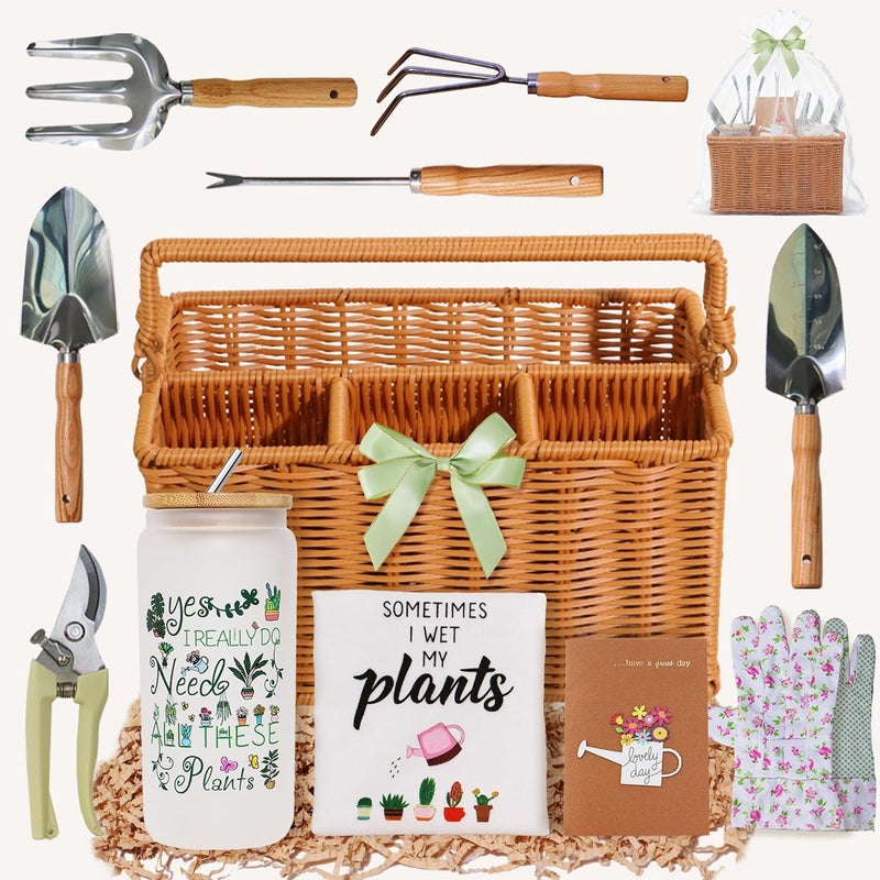 JIABOLANG Gardening Gifts for Women 12 Pcs Garden Tools Set with Basket Heavy Duty Gardening Hand Tool with Wood Handle Gardener Lady Plant Lover Gifts Wife Mom Grandma Mothers Day Birthday - Image 1