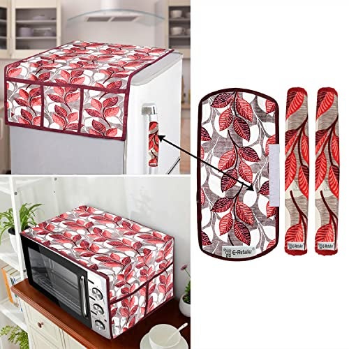 E-Retailer® Exclusive 3-Layered Polyester Combo Set of Appliances Cover (1 Pc. of Fridge Top Cover, 3 Pc Handle Cover and 1 Pc. of Microwave Oven Top Cover) (Color-Pink, Design-Leaf, Set Contains-5 Pcs.) - Image 1