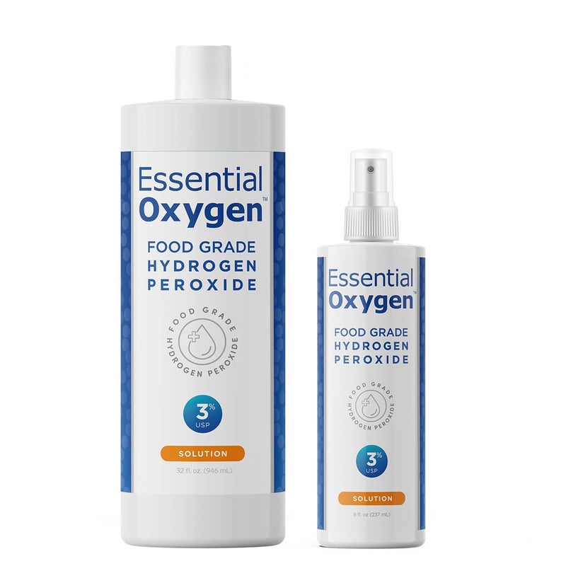 Essential Oxygen أكسجين أساسي، بيروكسيد الهيدروجين الغذائي، 8 + 32 أونصة سائلة، منظف طبيعي، 3%، 1 - 8 أونصة سائلة رذاذ و 1 - 32 أونصة سائلة زجاجة، إعادة تعبئة، HP (عبوة من 2) - Image 1
