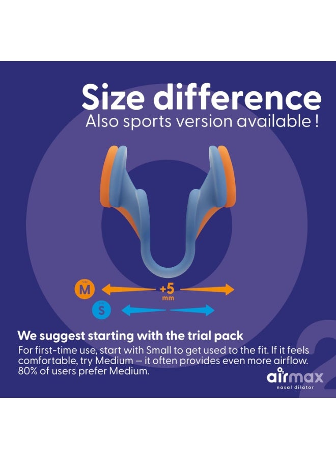 ايرماكس موسع أنف Airmax لتحسين التنفس أثناء النوم، أداة لتوسيع فتحات الأنف لتقليل الشخير وتحسين تدفق الهواء بنسبة 76%، مريح وآمن للاستخدام الليلي والرياضي، مقاسين صغير ومتوسط، لون أزرق وبرتقالي – جهاز تنفس للأنف للنوم والرياضة والصحة - Image 2