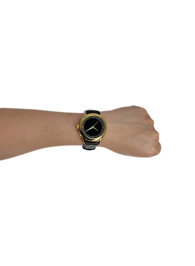 Al Fajr Analogue and digital dual-display Gold circular dial wristwatch, black leather strap and black dial Minimalist and fashionable style watch WW-22GBL-HS - Image 4