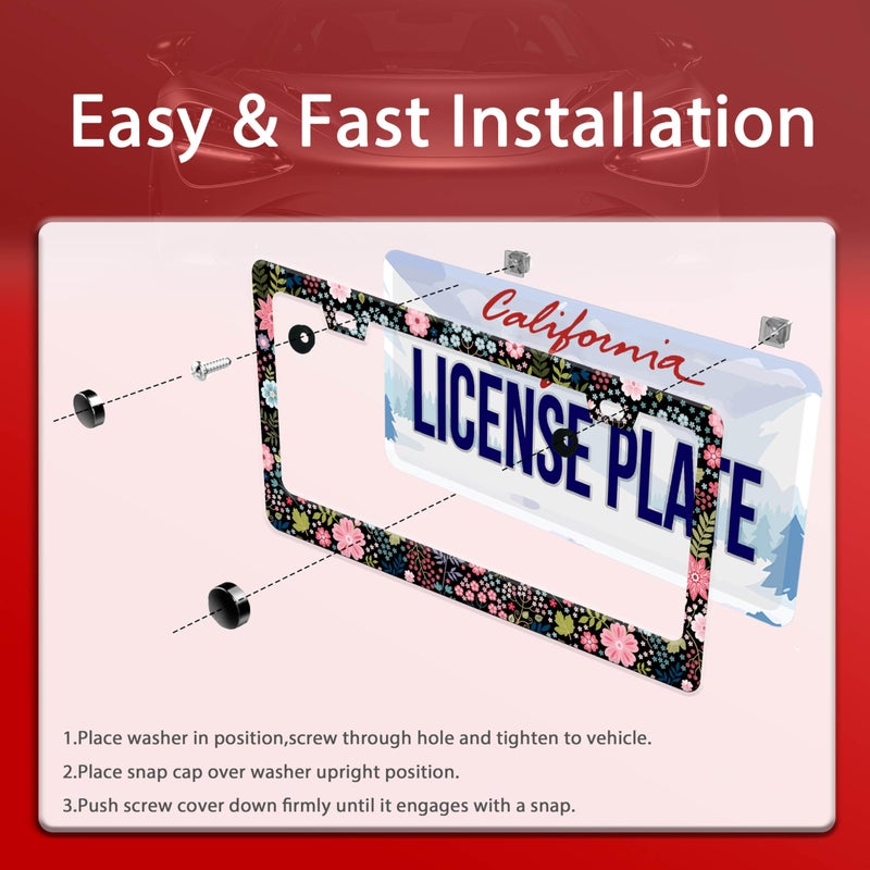 UNINDREM Floral License Plate Frame Beautiful Flower Stainless Steel License Plate Frame Auto Parts Decoration with Screws License Plate Holder for Men Women 12x6 Inch - Image 3