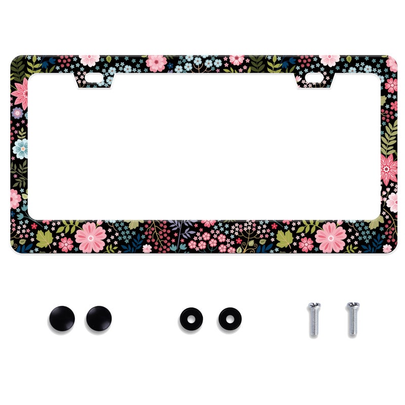 UNINDREM Floral License Plate Frame Beautiful Flower Stainless Steel License Plate Frame Auto Parts Decoration with Screws License Plate Holder for Men Women 12x6 Inch - Image 1