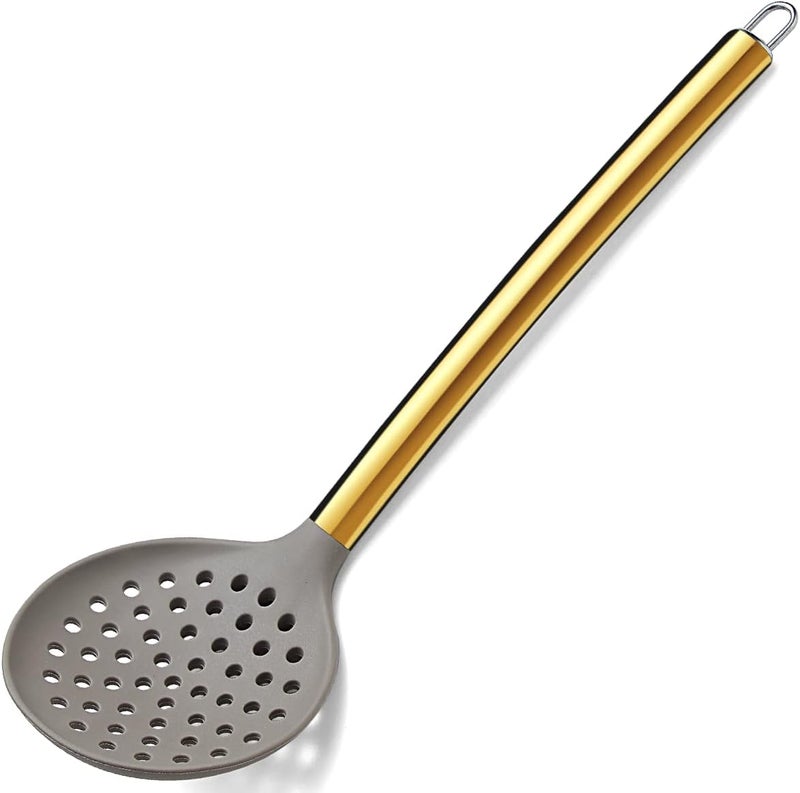 Berglander Gold Skimmer, Non-stick Silicone Strainer With Titanium Gold Plating handle, Kitchen Cooking Skimmers For Non-Stick Cookware, Dishwasher Safe, Easy to Clean - Image 1