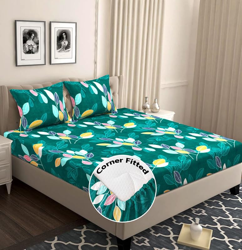 BSB HOME 210 TC Premium Cotton Elastic Fitted Bedsheets with 2 Pillow Covers|Double Bed with Corner Elastic Wrinkelfree Supersoft Floral Pattren Breathable |Size-72 x 68 + 6 inches |Multicolour1 - Image 1