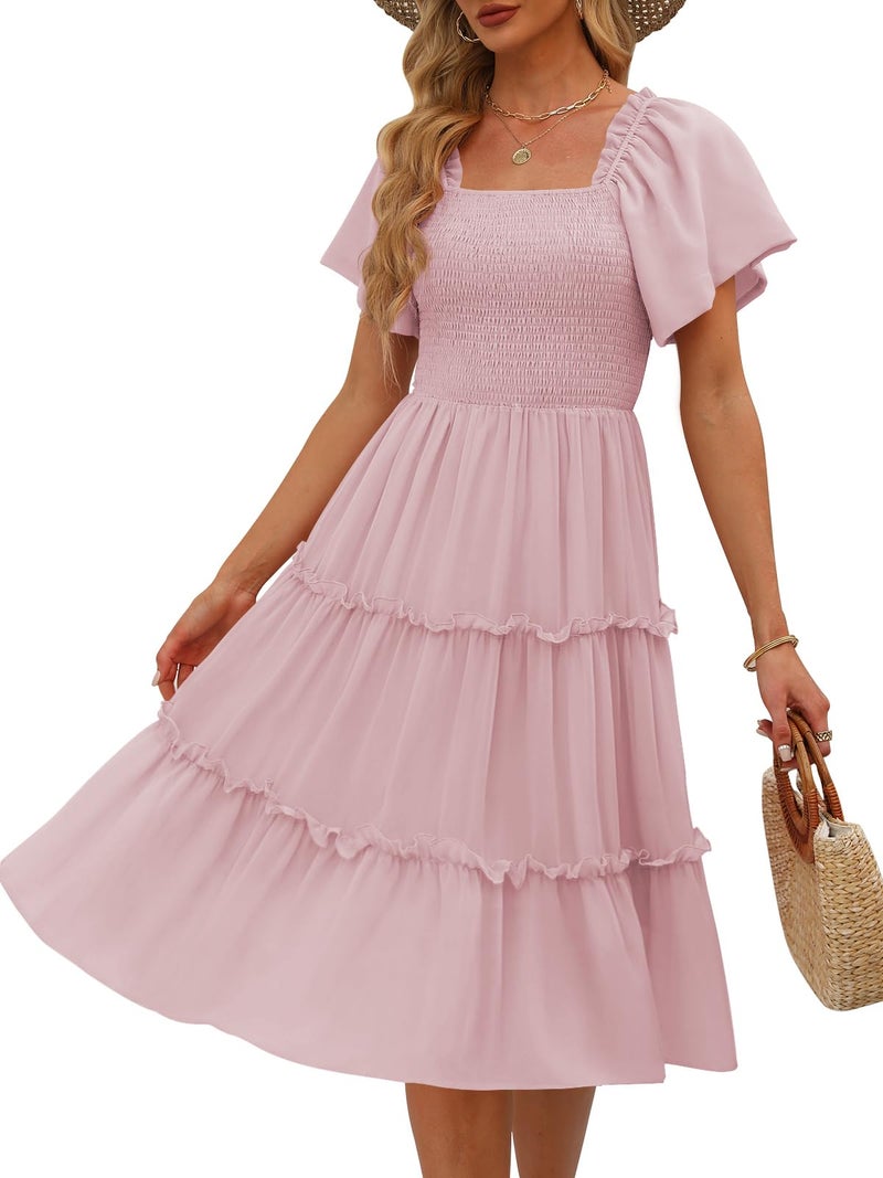 LILLUSORY Women Dresses Spring Summer 2026 Midi Graduation Bridal Baby Shower Casual Flowy Boho Sun Sundress Bridesmaid Brunch Cute Ladies Vacation Beach Smocked Teacher Clothes Outfits Pink M - Image 1