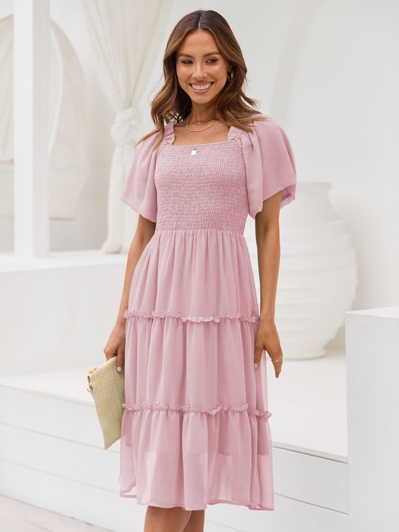LILLUSORY Women Dresses Spring Summer 2026 Midi Graduation Bridal Baby Shower Casual Flowy Boho Sun Sundress Bridesmaid Brunch Cute Ladies Vacation Beach Smocked Teacher Clothes Outfits Pink M - Image 2