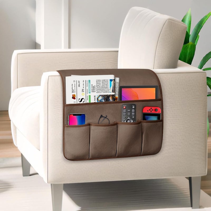 WETRBWEH Remote Control Holder for Armchair Caddy，Couch Caddy Organizer TV Remote Holder for Bed Storage 5 Pockets，Remote Caddy Bedside Organizer Bedside Table Organizer (Brown, 35''x18'') Bulk storage easy optimized build - Image 2