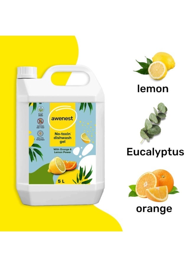 awenest Plant-Based Dishwash Gel Concentrate | No-Toxin, Chemical-Free Formula with Lemon & Orange | Removes Tough Grease | Safe for Baby & Pet Dishes | Natural Organic Dishwash Liquid | 5L - Image 2