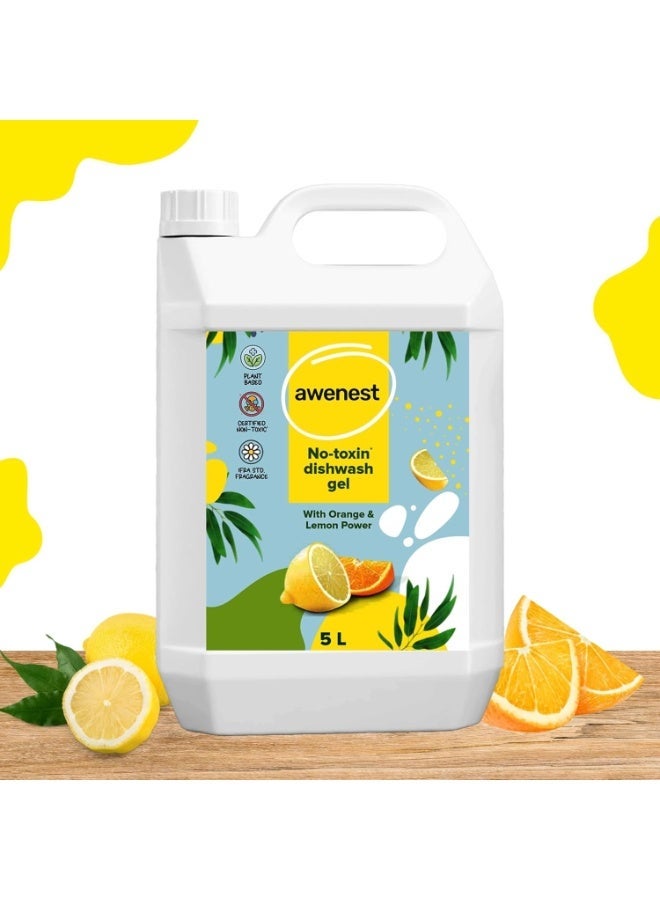 awenest Plant-Based Dishwash Gel Concentrate | No-Toxin, Chemical-Free Formula with Lemon & Orange | Removes Tough Grease | Safe for Baby & Pet Dishes | Natural Organic Dishwash Liquid | 5L - Image 1