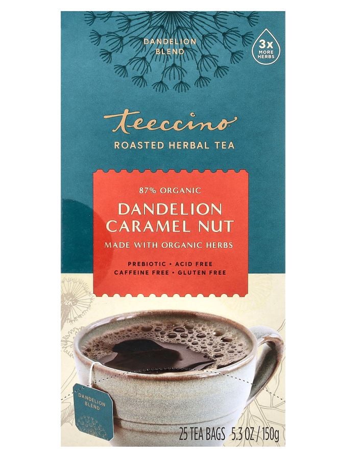 teeccino Roasted Herbal Tea Dandelion Caramel Nut Caffeine Free 25 Tea Bags 5.3 oz (150 g)