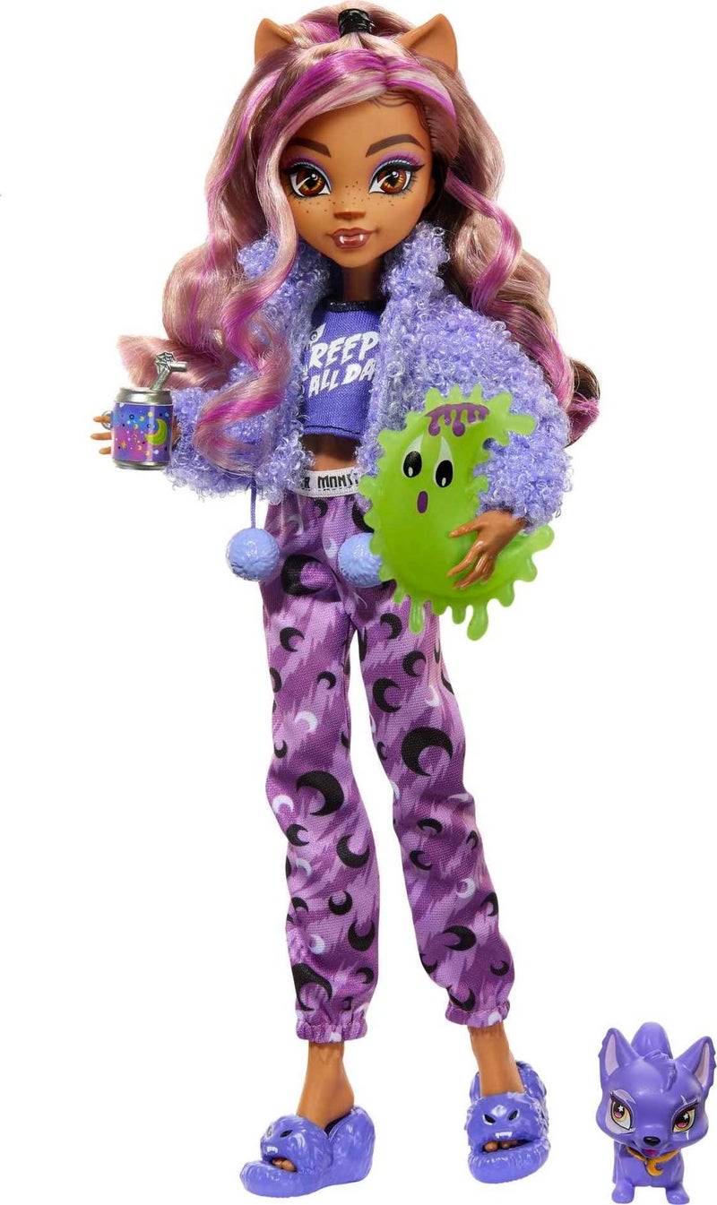 Monster High Creepover Party Doll Clawdeen Wolf with Pet Dog Crescent Sleepover Clothes  Accessories like Eye Mask  Pizza - Image 3