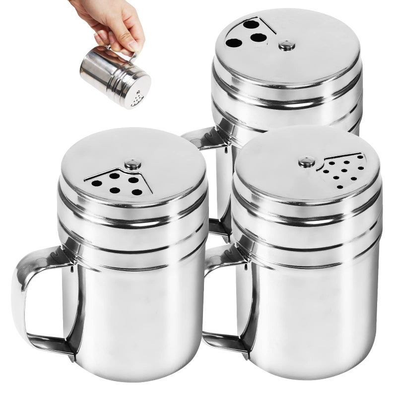 Dualshine 3Pcs Seasoning Bottle With Handle Stainless Steel Dredge Shaker Rub Spice With Holes Powdered Sugar Shaker With Lid Shaker Cooking Rotatable Cover For Spice Salt Shaker Dispenser - Image 1