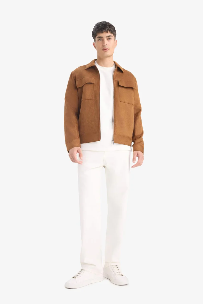 ديفاكتو Slim Fit Polo Collar Lined Seasonal Suede Jacket