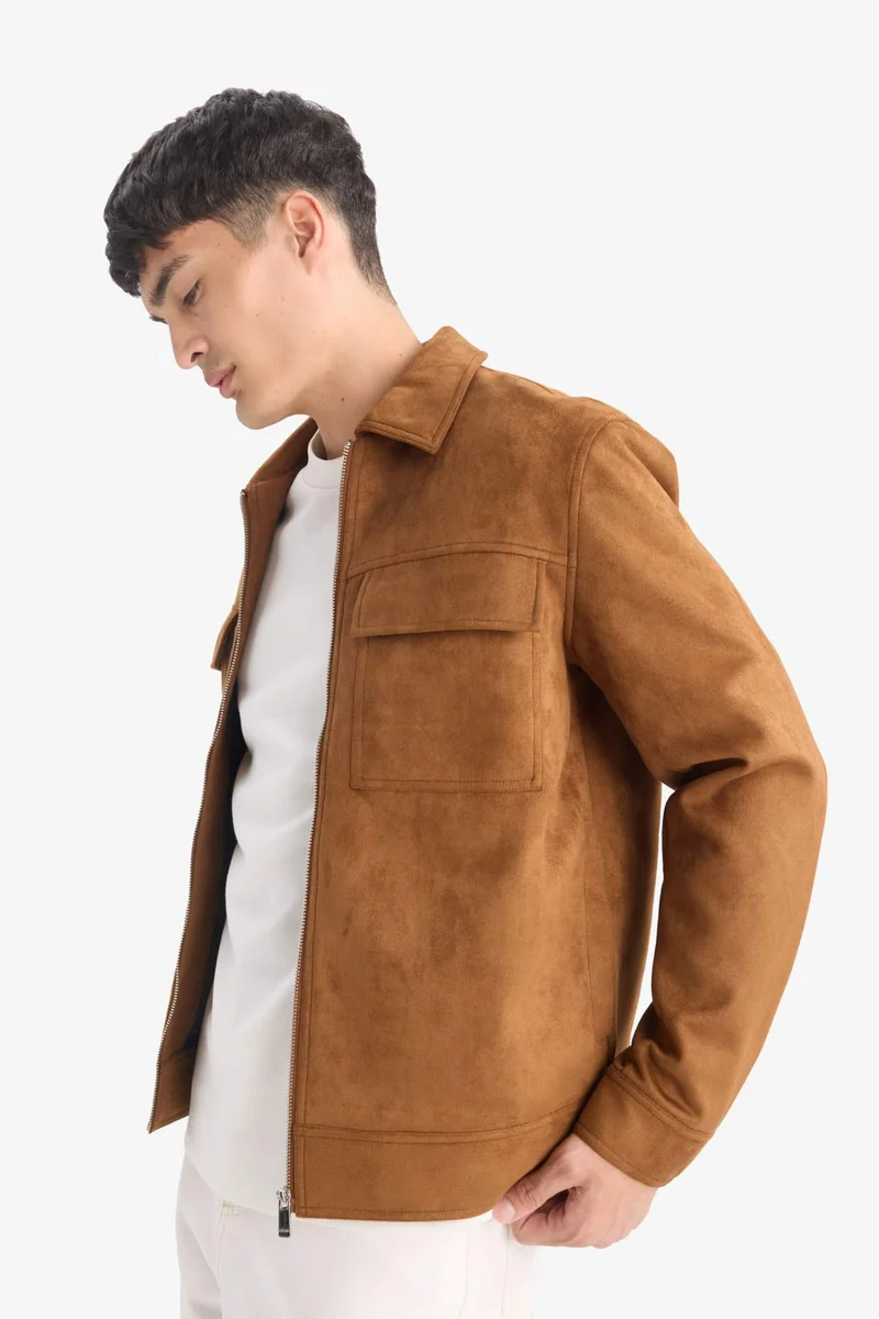 Defacto  Slim Fit Polo Collar Lined Seasonal Suede Jacket for Men | Best Price UAE