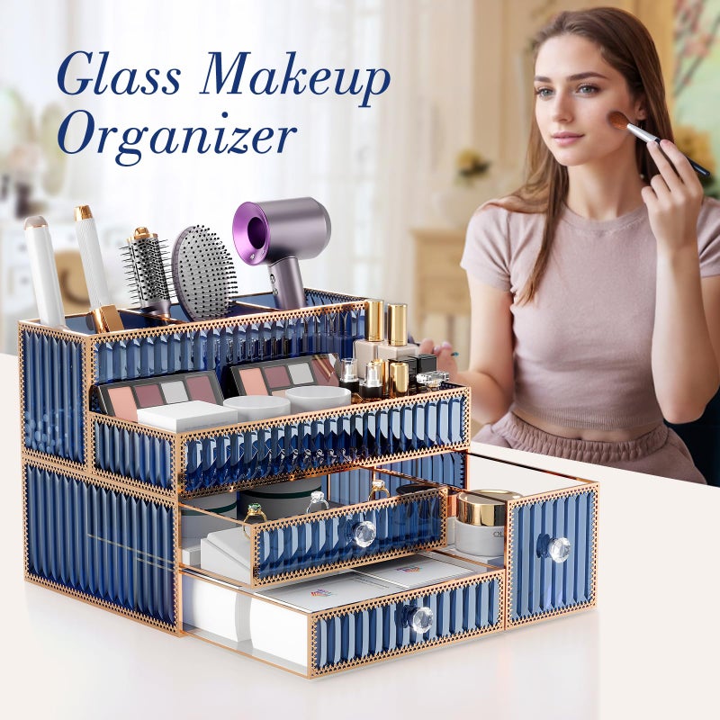 Youdepot Makeup Organizer Blue - Tempered Glass Vanity Organizer for Cosmetics, Skincare, Hair Tools, Brushes, Perfume - Multipurpose Bathroom Counter Skincare Organizer - Image 4