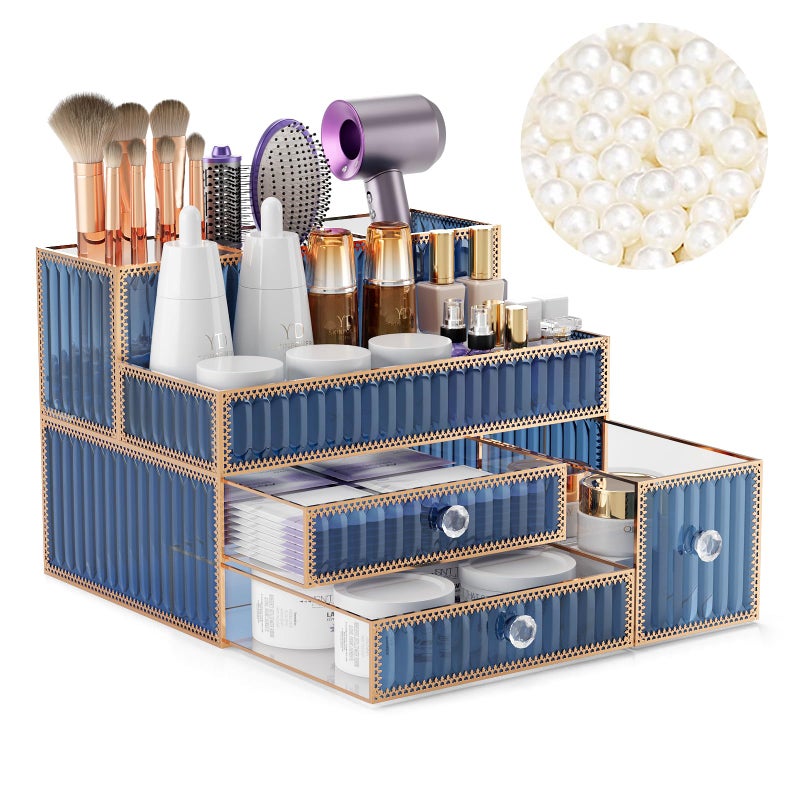 Youdepot Makeup Organizer Blue - Tempered Glass Vanity Organizer for Cosmetics, Skincare, Hair Tools, Brushes, Perfume - Multipurpose Bathroom Counter Skincare Organizer - Image 1