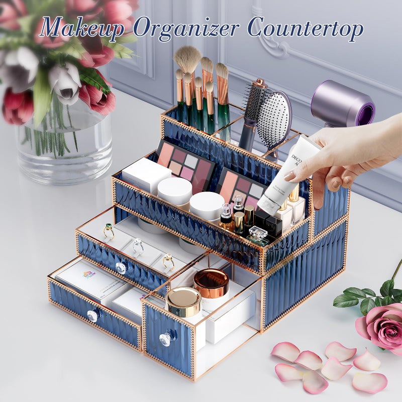 Youdepot Makeup Organizer Blue - Tempered Glass Vanity Organizer for Cosmetics, Skincare, Hair Tools, Brushes, Perfume - Multipurpose Bathroom Counter Skincare Organizer - Image 3