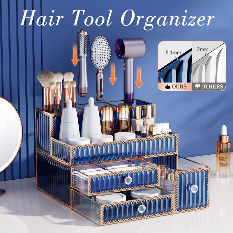 Youdepot Makeup Organizer Blue - Tempered Glass Vanity Organizer for Cosmetics, Skincare, Hair Tools, Brushes, Perfume - Multipurpose Bathroom Counter Skincare Organizer - Image 2