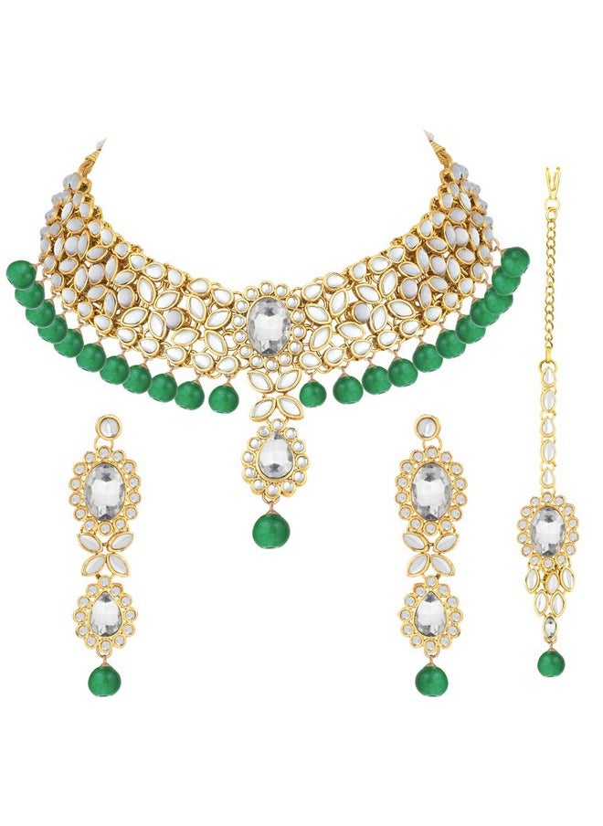 Aheli - Indian Wedding Wear Beaded Faux Kundan Pearl Necklace Set With Maang Tikka Ethnic Fashion Jewelry For Women - Image 1