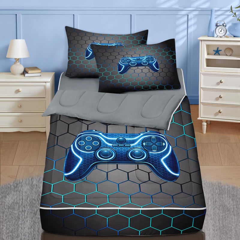 Nesker Twin Zipper Bedding, Gaming Gamepad Zipper Bedding Sets for Boys, 3pcs All in on one, Black Gamer Video Games Kids Comforter Set with Fitted Sheet and 2 Pillowcases - Image 1