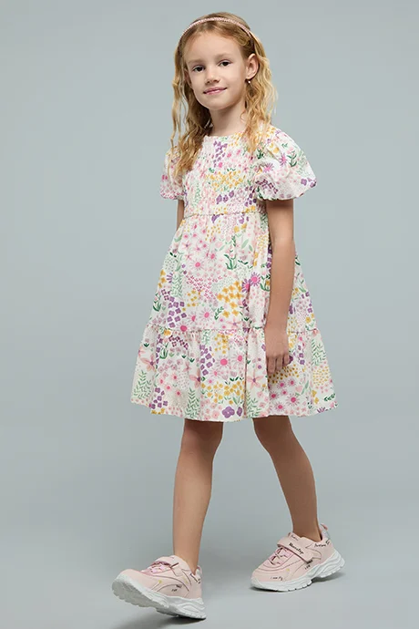 R&B Printed Tiered Dress with Crew Neck and Puff Sleeves
