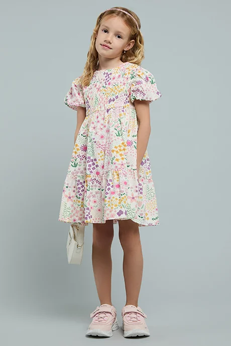 R&B Printed Tiered Dress with Crew Neck and Puff Sleeves