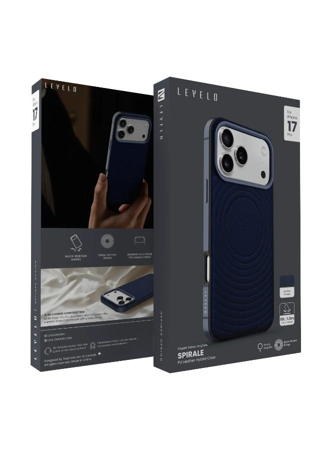 LEVELO iPhone 17 Pro Spirale Case / Strong Magnets / Leather Texture / Spiral-Pattern Design / Aluminum Alloy Frame for Camera & Edges - Midnight Blue - Image 3