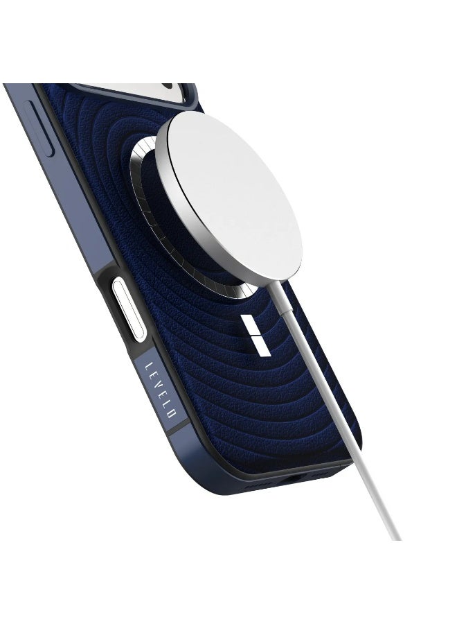 LEVELO iPhone 17 Pro Spirale Case / Strong Magnets / Leather Texture / Spiral-Pattern Design / Aluminum Alloy Frame for Camera & Edges - Midnight Blue - Image 2