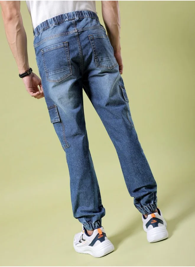 The Indian Garage Co Men Regular Fit Solid Mid-Rise Stretchable Denim Cargo Joggers