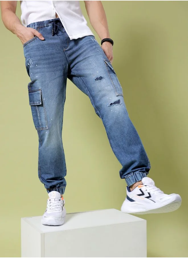 The Indian Garage Co Men Regular Fit Solid Mid-Rise Stretchable Denim Cargo Joggers