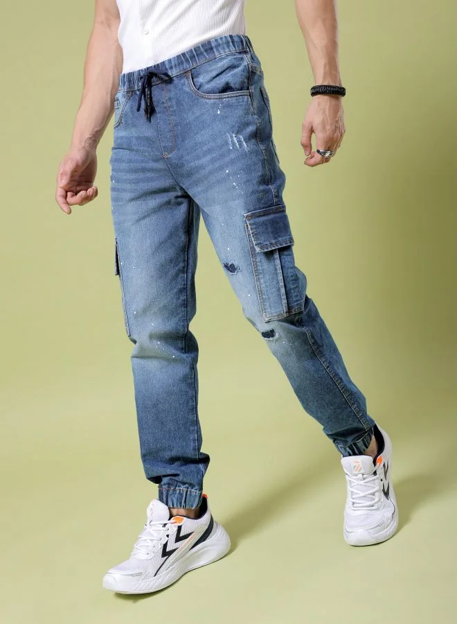 The Indian Garage Co Men Regular Fit Solid Mid-Rise Stretchable Denim Cargo Joggers