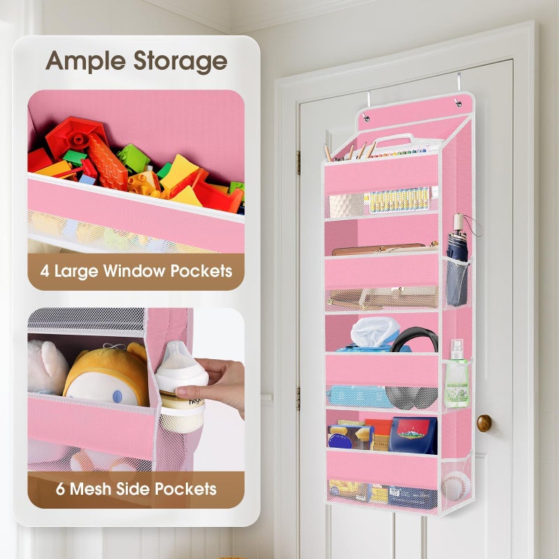 SpaceHacks 1 Pack Over The Door Organizer Hanging Storage Organizers with Clear Window 40lb Large Capacity Room Organizer for Pantry Laundry Bathroom Nursery Closet(Pink) - Image 4