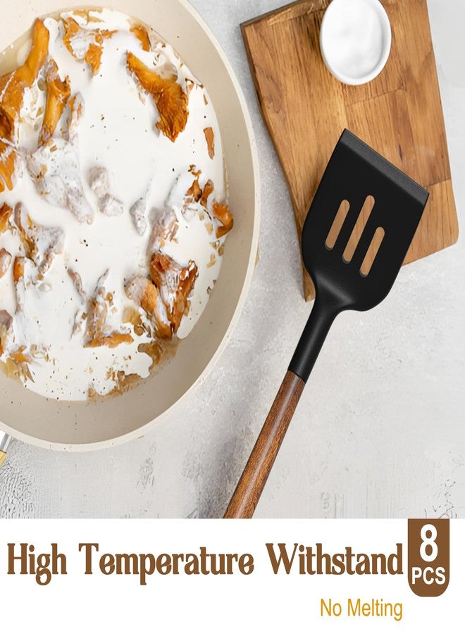Umite Chef Silicone Cooking Utensil Set, Umite Chef 8-Piece Kitchen Utensils Set with Natural Acacia Wooden Handles,Food-Grade-Silicone Kitchen Gadgets Spatulas Set for Nonstick Cookware- Black - Image 5