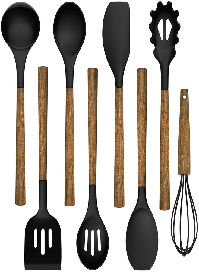 Umite Chef Silicone Cooking Utensil Set, Umite Chef 8-Piece Kitchen Utensils Set with Natural Acacia Wooden Handles,Food-Grade-Silicone Kitchen Gadgets Spatulas Set for Nonstick Cookware- Black - Image 1