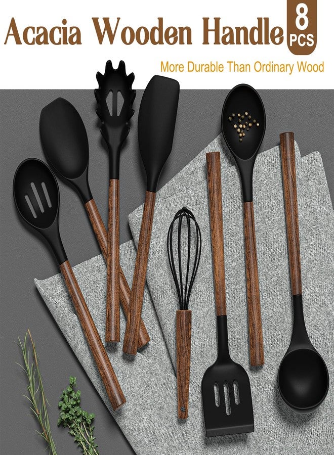 Umite Chef Silicone Cooking Utensil Set, Umite Chef 8-Piece Kitchen Utensils Set with Natural Acacia Wooden Handles,Food-Grade-Silicone Kitchen Gadgets Spatulas Set for Nonstick Cookware- Black - Image 2