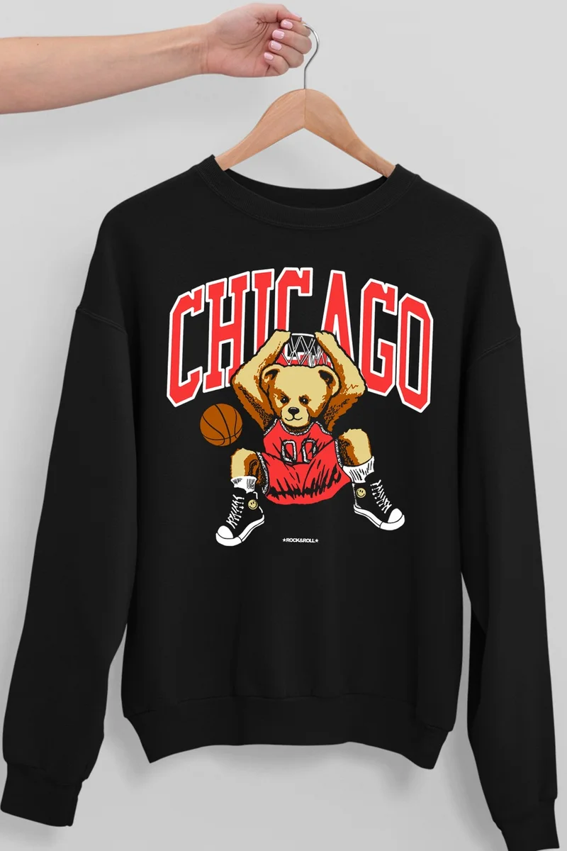Rock&Roll Chicago Basket Black Crew Neck Thick Men's Sweatshirt