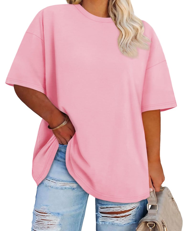 JOELLYUS Plus Size Tops Casual Oversized Tshirts for Women Loose Fit Crew Neck Blouses Summer Basic Tees(Pink, 3XL) - Image 1