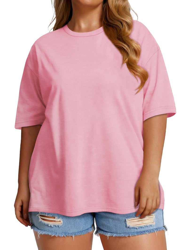 JOELLYUS Plus Size Tops Casual Oversized Tshirts for Women Loose Fit Crew Neck Blouses Summer Basic Tees(Pink, 3XL) - Image 2