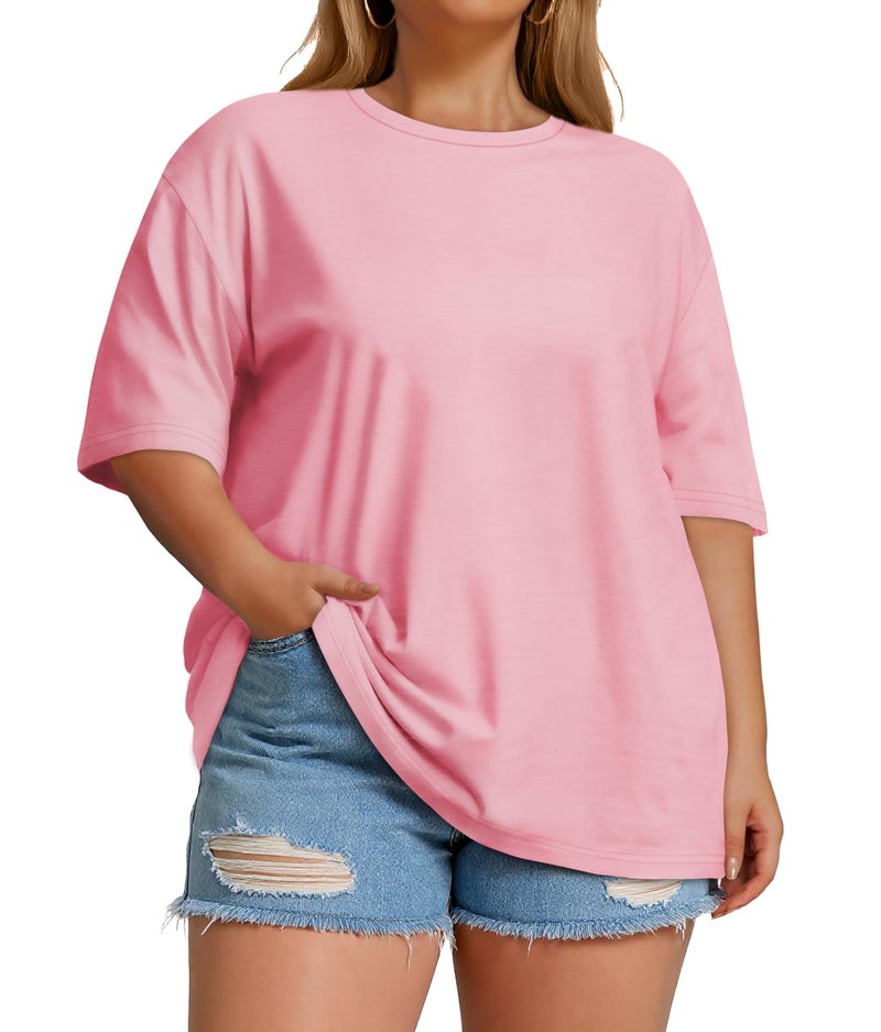 JOELLYUS Plus Size Tops Casual Oversized Tshirts for Women Loose Fit Crew Neck Blouses Summer Basic Tees(Pink, 3XL) - Image 3