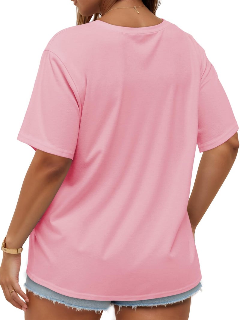 JOELLYUS Plus Size Tops Casual Oversized Tshirts for Women Loose Fit Crew Neck Blouses Summer Basic Tees(Pink, 3XL) - Image 4